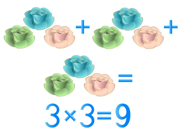 Educatieve spelletjes voor kinderen, vermenigvuldiging actie, voorbeeld met rozen. — Stockvector