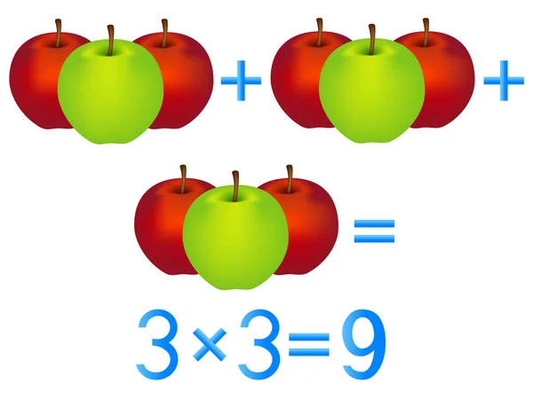 Juegos educativos para niños, acción de multiplicación, ejemplo con manzanas . — Vector de stock