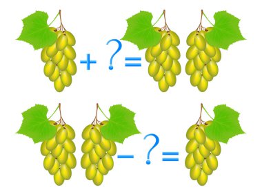 Ekleme ve çıkarma, üzüm örneklerle eylem ilişkisi. Çocuklar için eğitici bir oyun.