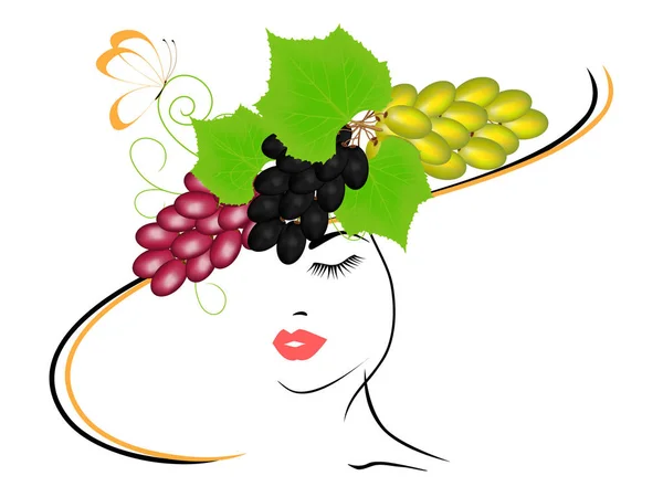 Chica en un sombrero con uvas y una mariposa . — Vector de stock