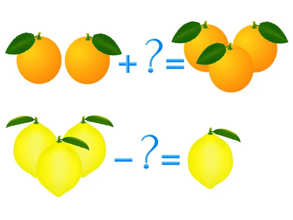 Relación de acción de suma y resta, ejemplos con limones y naranjas . — Vector de stock