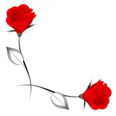 Kırmızı gül ve yaprakları, tasarım öğesi ile köşe süsleme.