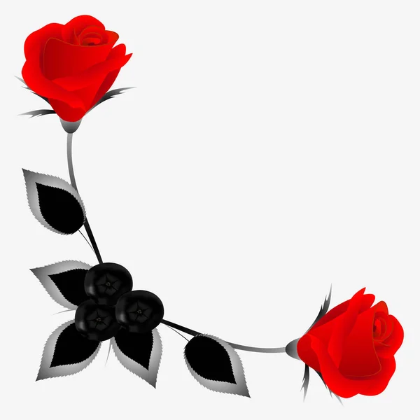 Eckornament Mit Roten Rosen Blättern Und Preiselbeere Gestaltungselement — Stockvektor