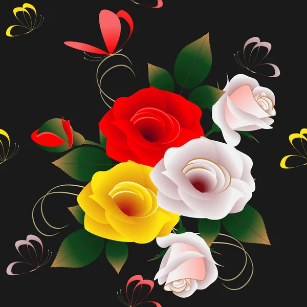 黒の背景 シームレスなパターンの蝶とバラの花束 — ストックベクタ