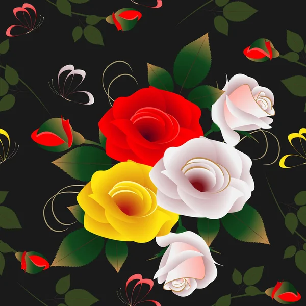 Ramo Rosas Con Mariposas Ramas Brotes Sobre Fondo Negro Patrón — Vector de stock