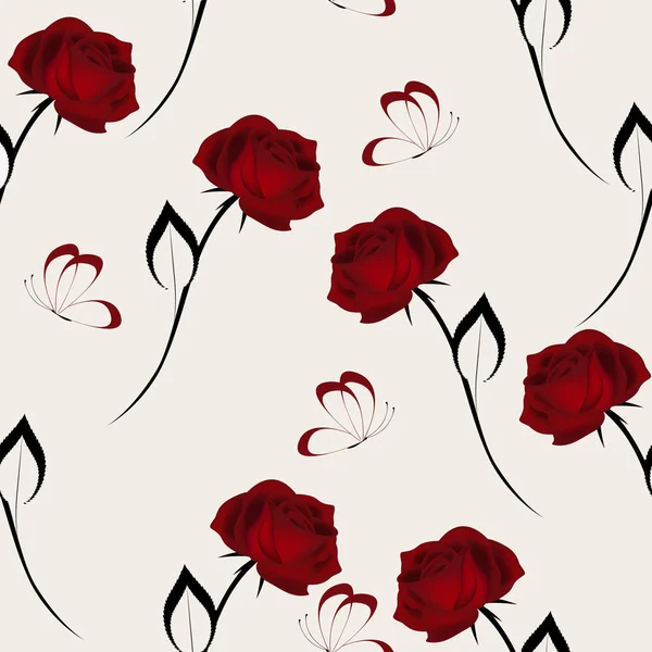 Red Velvet Roses Butterflies Seamless Pattern — Stock Vector