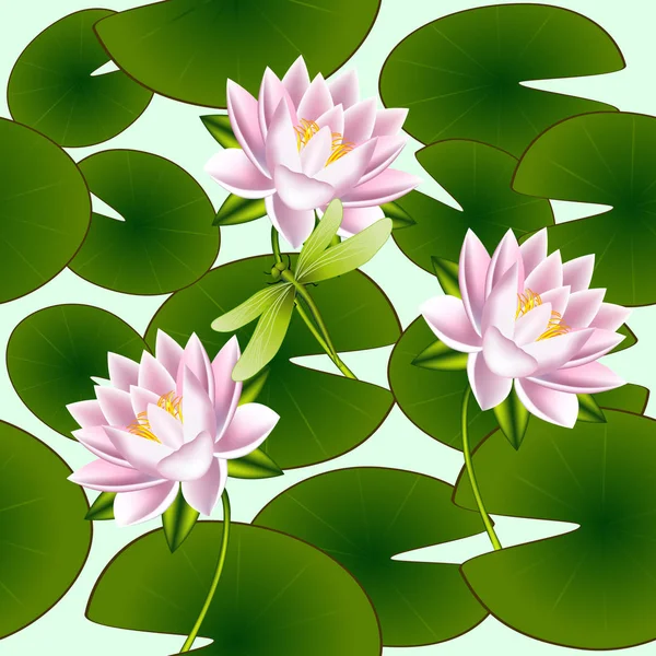 Nahtloses Muster Mit Lotusblüten Blättern Und Libellen — Stockvektor
