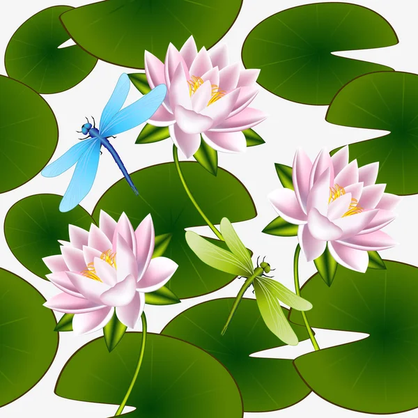 Lotus Çiçek Yaprak Yusufçuk Ile Seamless Modeli — Stok Vektör