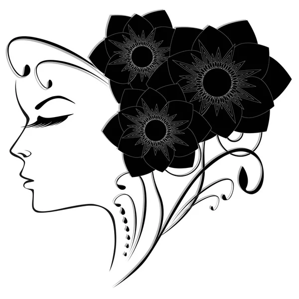 Retrato Abstracto Una Niña Con Flores Negras — Vector de stock