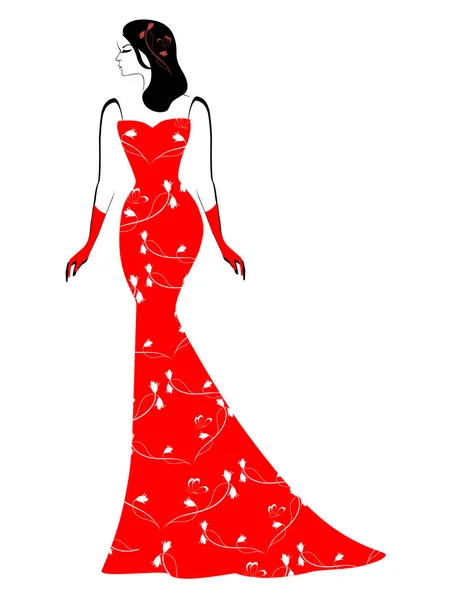Девушка Длинном Красном Платье Белом Фоне — стоковый вектор