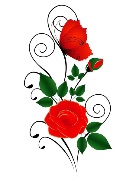 Состав Красной Розы Бабочки Белом Фоне — стоковый вектор
