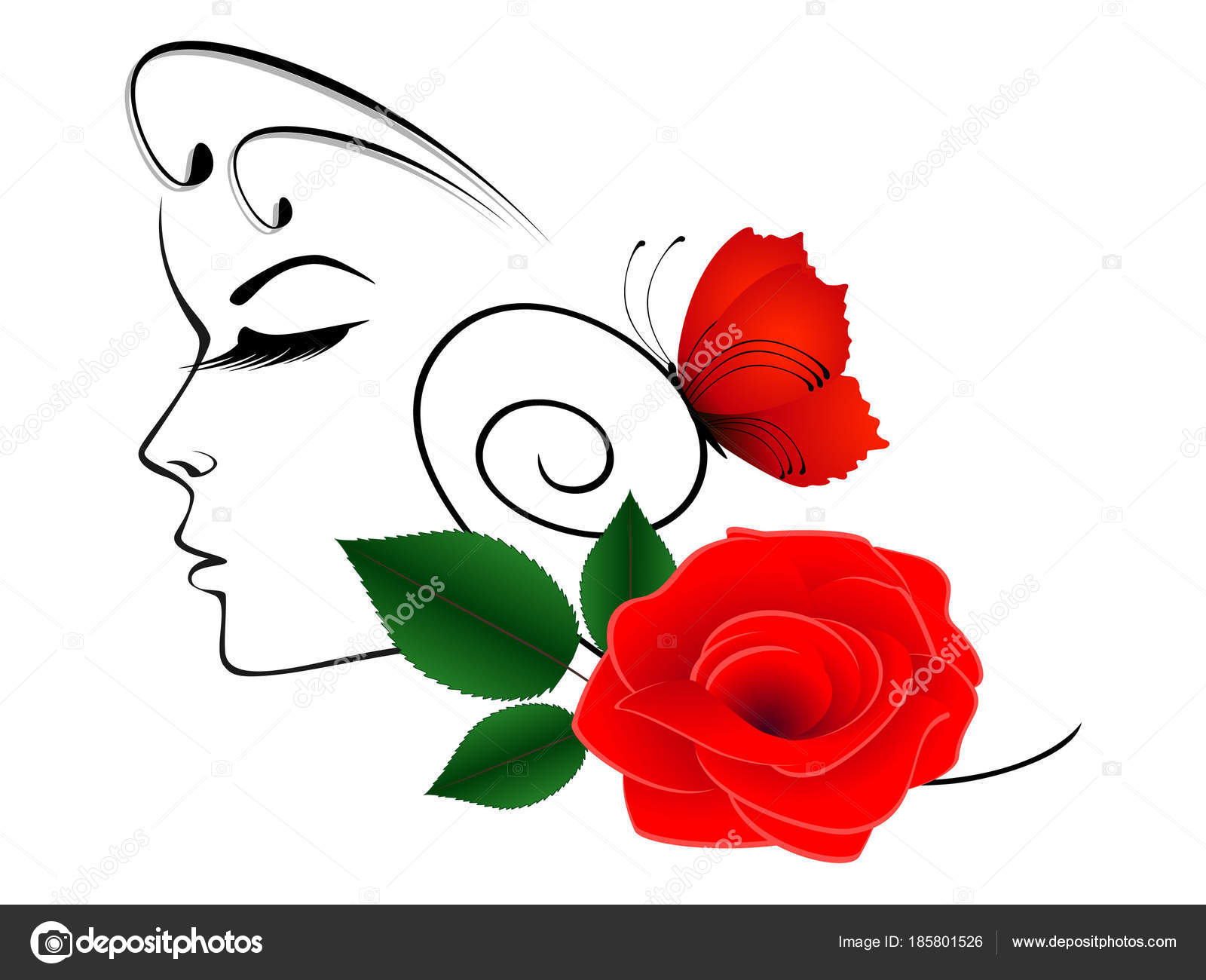 Abstract Portrait Girl Profile Red Rose Butterfly Stock Vector
