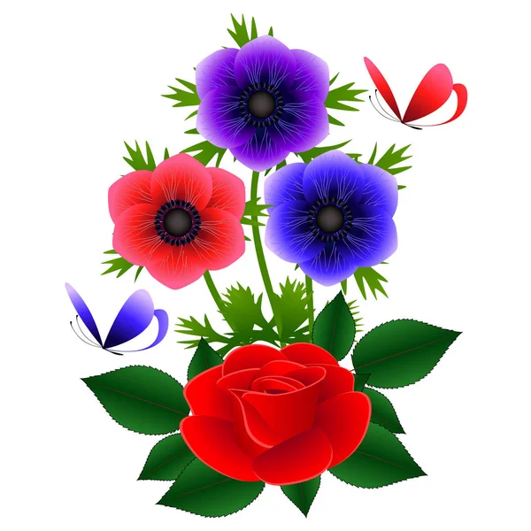 Bir kırmızı gül ve kelebekler ile anemon buket.