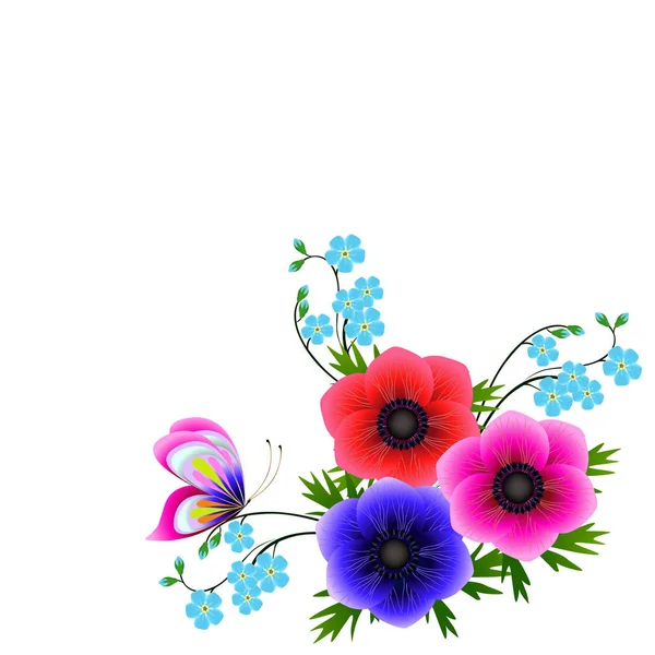 Mavi köşe unut beni değil çiçek ve kelebek ile anemon.