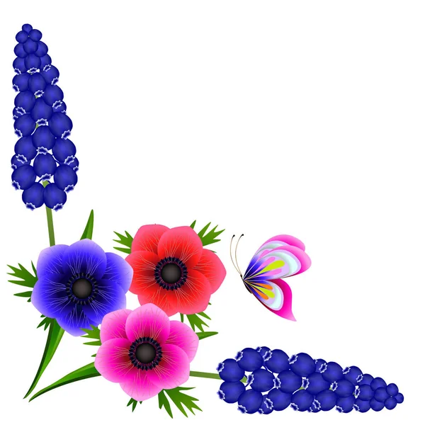 Sudut Dengan Hyacinth Dari Muscarinic Anggur Biru Dan Anemon Dengan - Stok Vektor