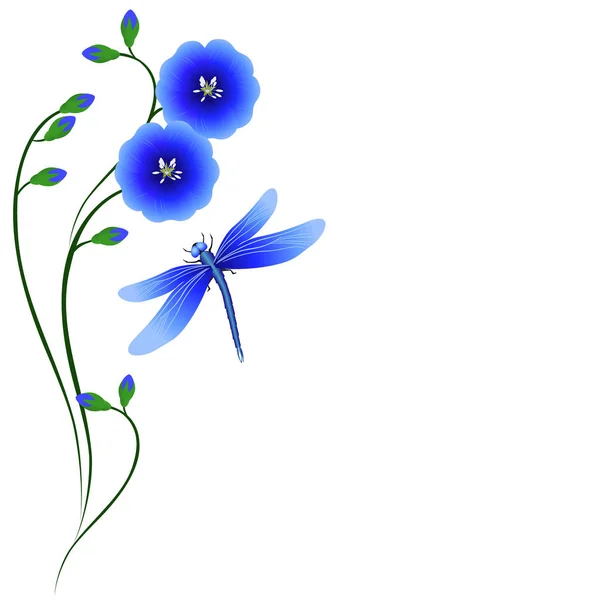 Fondo Floral Con Flores Lino Azul Libélula — Vector de stock