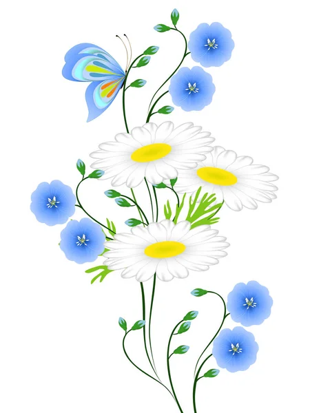 Keten Papatya Ile Kelebek Beyaz Zemin Üzerine Mavi Çiçekler — Stok Vektör