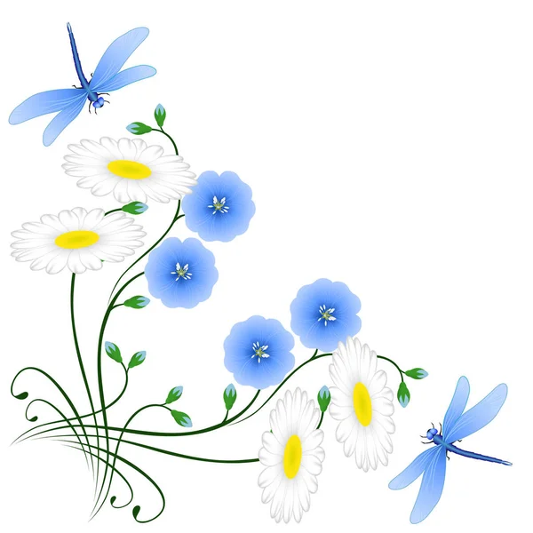 Ecke Mit Blüten Aus Blauem Flachs Kamille Und Libellen — Stockvektor