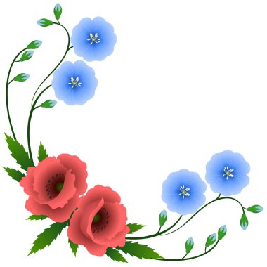 Mavi keten ve haşhaş çiçekli köşe.