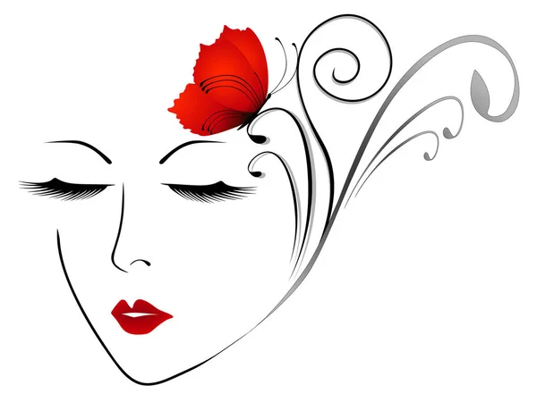 Visage Abstrait Une Fille Avec Papillon Rouge — Image vectorielle