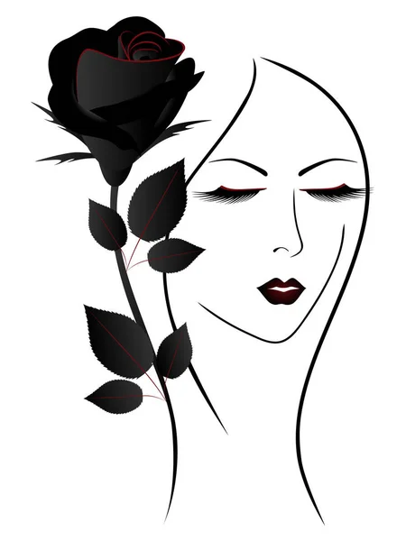 Silueta Una Cara Niña Con Una Rosa Negra — Vector de stock