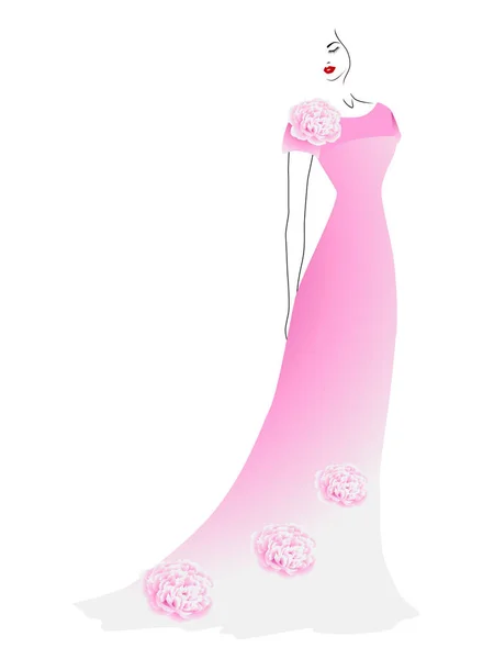 Девушка Длинном Розовом Платье Пионерскими Цветами — стоковый вектор