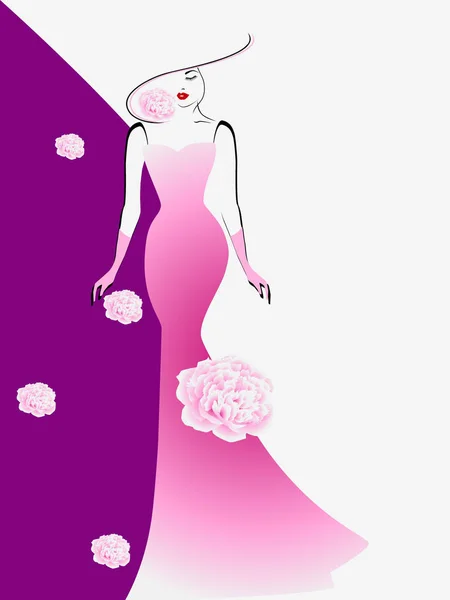 Eine Frau Einem Langen Rosa Kleid Und Hut Auf Einem — Stockvektor