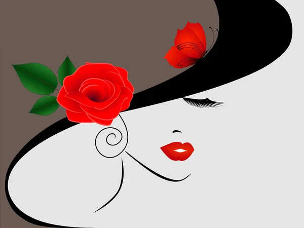 Portrait Une Fille Dans Chapeau Avec Une Rose Rouge Papillon — Image vectorielle