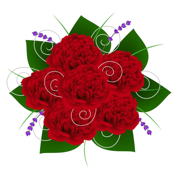 Kırmızı Peonies Lavanta Çiçekleri Yeşil Yaprakları Ile Buket — Stok Vektör