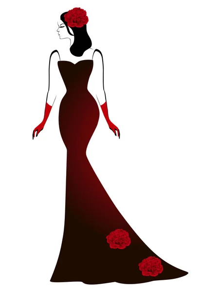 赤い牡丹の花と長い黒のドレスの女の子 — ストックベクタ