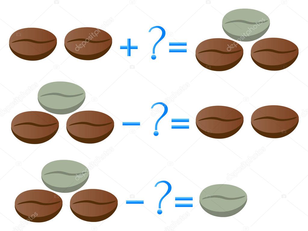 Action relationship of addition and subtraction, examples with coffee beans. Educational games for children.