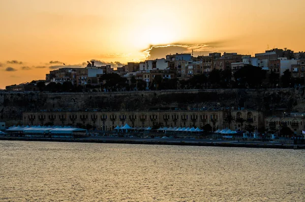 Piękny Zachód Słońca Malcie Valletta View — Zdjęcie stockowe