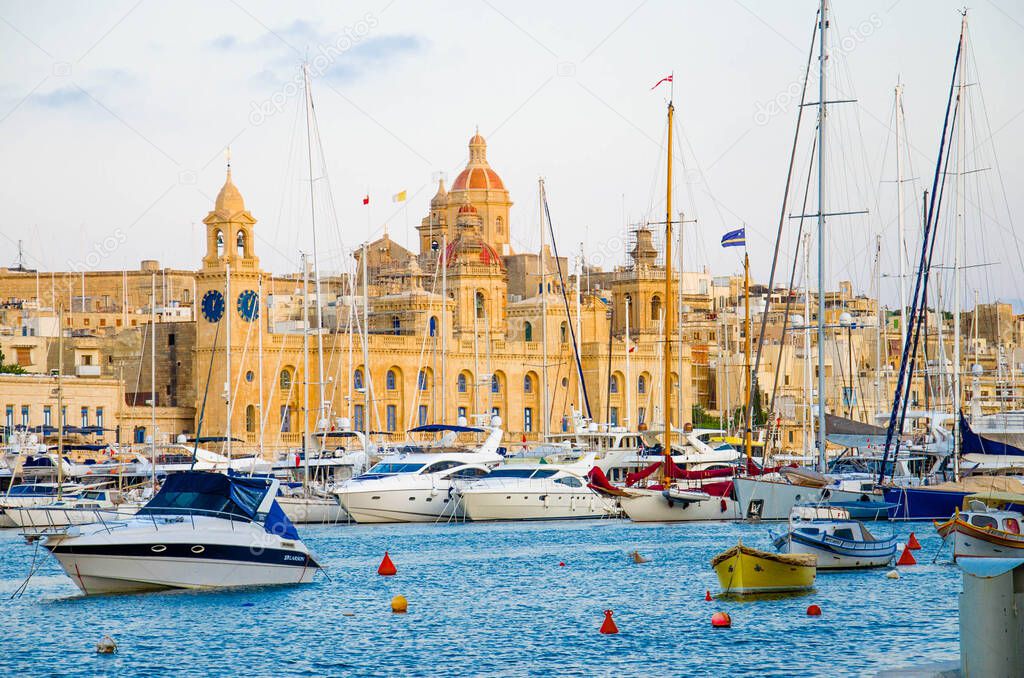 Boats in harbor in the three cities of Malta - Grand Harbour Marina - Birgu yacht marina