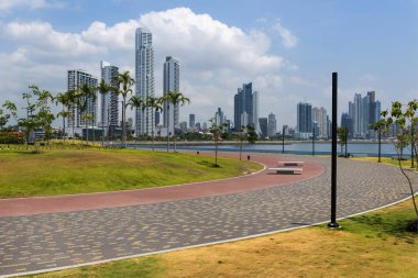 Şehir Panama City, Panama, bir park ve palmiye ağaçları ile finans bölgesine görünümünü