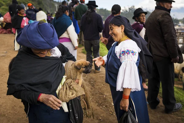 Two local women talking at the livestock market of the town of Otavalo in Ecuador. — Stock Photo, Image