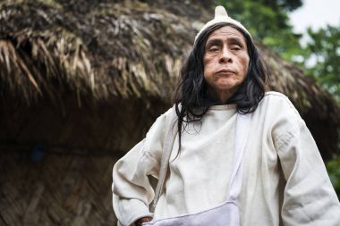 Sierra Nevada de Santa Marta, Kolombiya ormanda kulübede önünde KOGI coca çiğneme Mamas (şaman) yaprakları