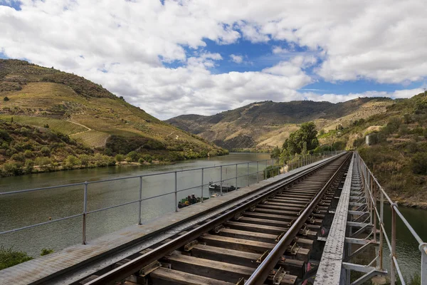 Trilhas de comboio ao longo do rio Douro na região vinícola do Vale do Douro em Portugal — Fotografia de Stock