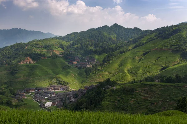 Прекрасним Видом Села Dazhai Навколишніх Longsheng Рисові Тераси Провінції Гуансі — стокове фото