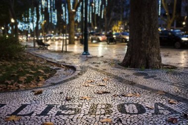 Güzel Portekizce kaldırım Liberdade Avenue şehir Lizbon, Portekiz, Kuru yapraklarla ayrıntısı; Kavramı için Lizbon sonbaharda ziyaret ve Lizbon hoş geldiniz