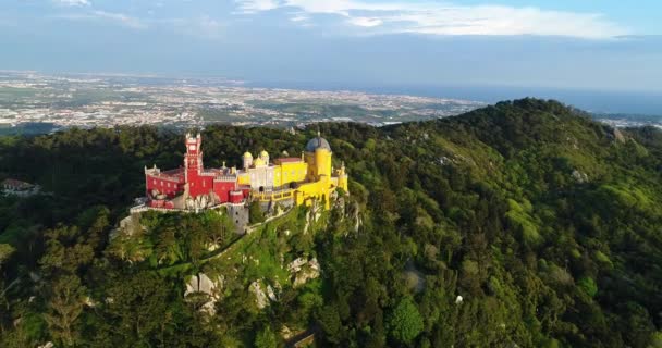 Luchtfoto Van Het Prachtige Pena Paleis Palacio Pena Sintra Portugal — Stockvideo