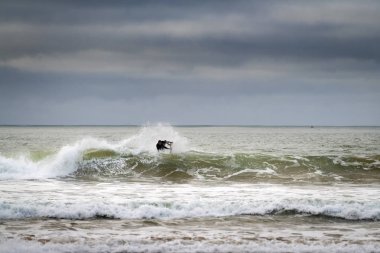 Carcavelos, Portekiz - 20 Ocak 2020: Bir kış sabahı Carcavelos plajında sörf yapan bir sörfçü.