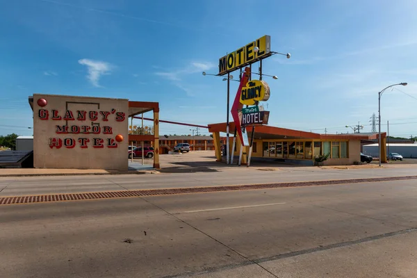 Clinton Oklahoma Usa 2014 Július Glancy Motel Felirata Történelmi Amerikai — Stock Fotó