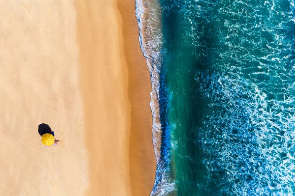 Aerial View Beach Umbrella Person Sunbathing Comporta Beach Portugal Concept — Stock Photo, Image