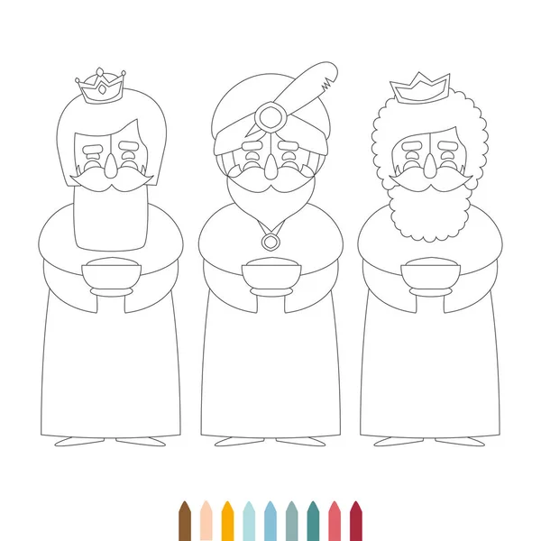 Esquema monocromo de Navidad, tres hombres sabios — Vector de stock