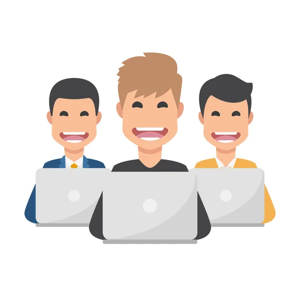 Set of male avatars with laptops — Stock Vector