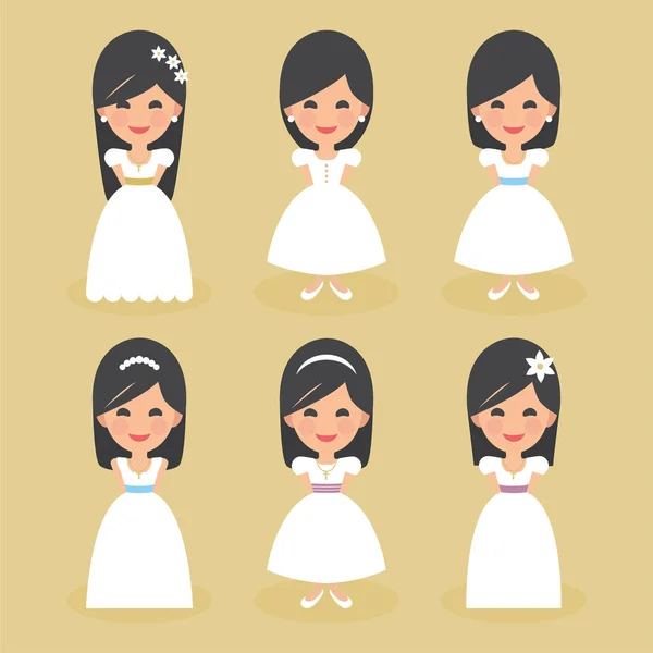 Conjunto de hermosas chicas en vestidos blancos — Vector de stock