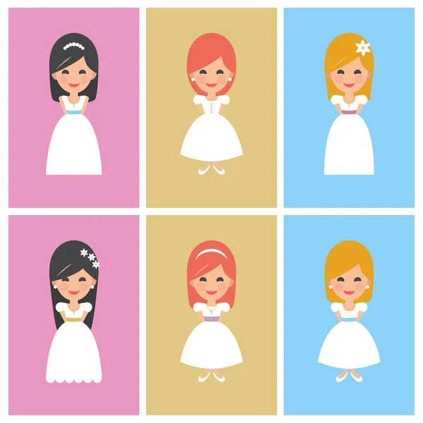 Set of beautiful girls in white dresses — Stock Vector