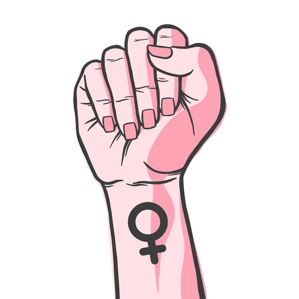 Kvinnliga knytnäve med tecken på feminism — Stock vektor