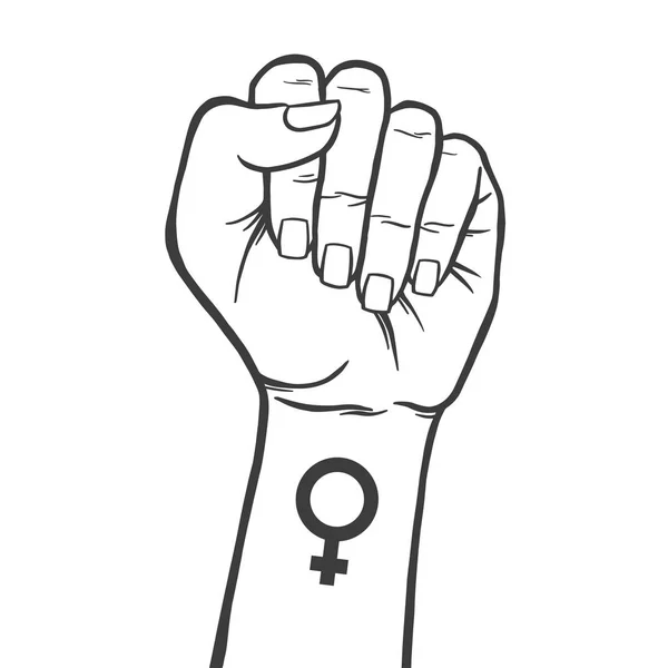 Puño femenino con signo de feminismo — Vector de stock