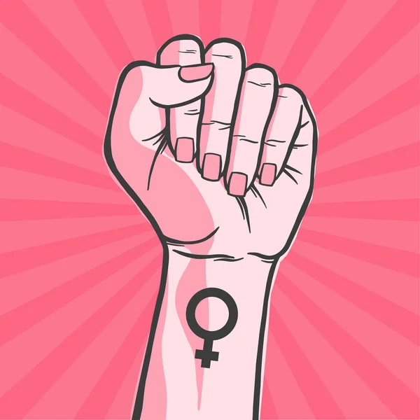 Puño femenino con signo de feminismo — Vector de stock